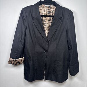 Susan Graver Oversized Black Blazer  M | Animal Print Lining | One Button Jacket